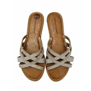 Rock & Candy Womens Rhinestone Crisscross Slide Sandals Tan Gold Bling Size 8